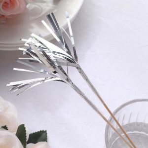100-Pack Bamboo Skewers 9", Silver Firework Festive Foil Frills Cupcake Toppers - Cocktail Food Picks